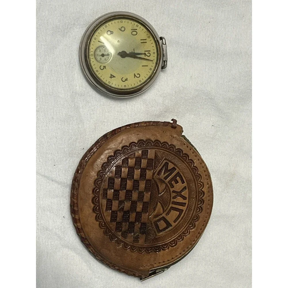 Vintage Westclox Pocket Watch Made USA w/ Tooled Leather Mexico Case Untested